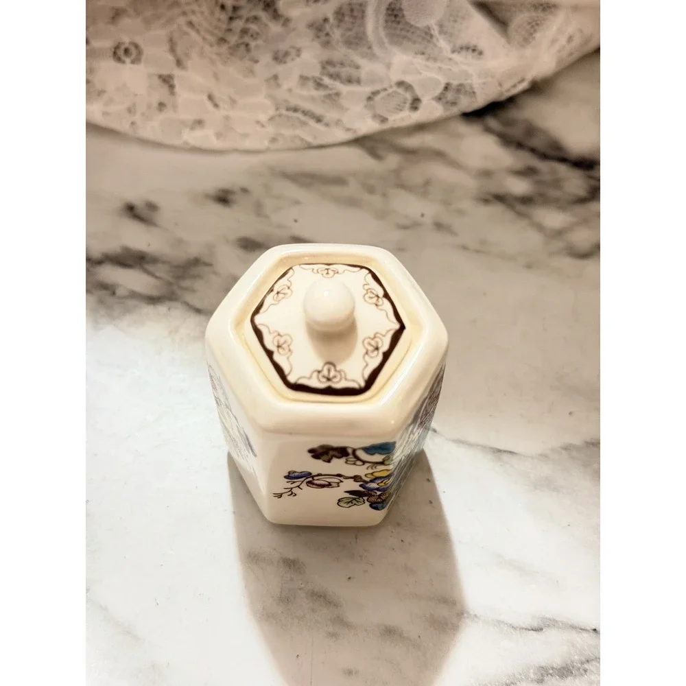 Mason's Ironstone Hexagon Flowered Trinket Box & Lid Jar Transfer Ware (A3216)